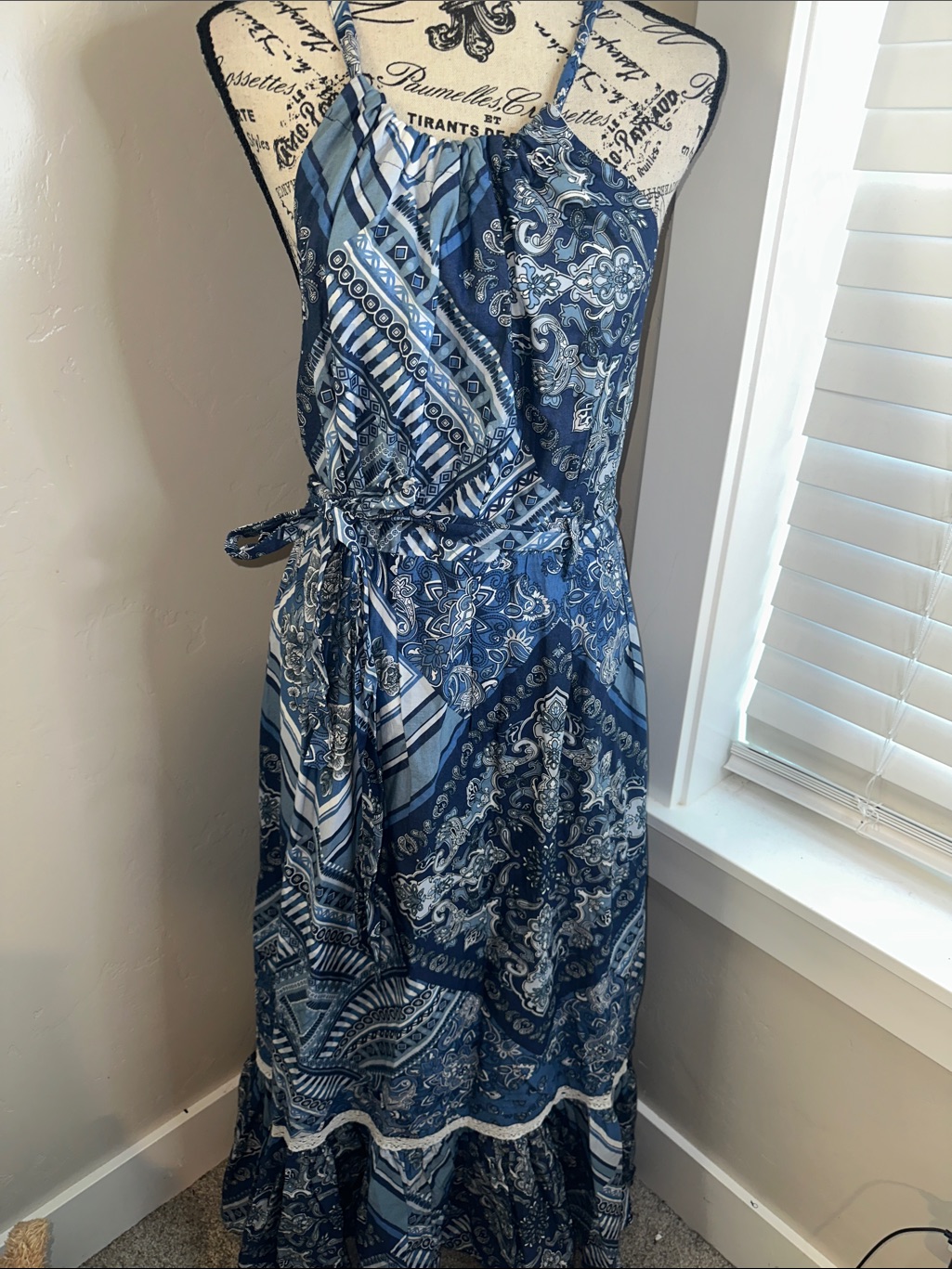 Lucky Brand Blue Paisley Halter Maxi Dress With Tie Waist